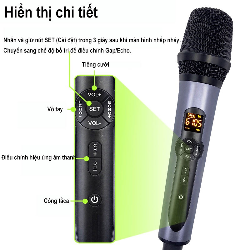 Micro không dây chuyên nghiệp Điều chỉnh âm lượng UHF Echo Reverb Hiệu ứng DSP Micro kim loại không dây