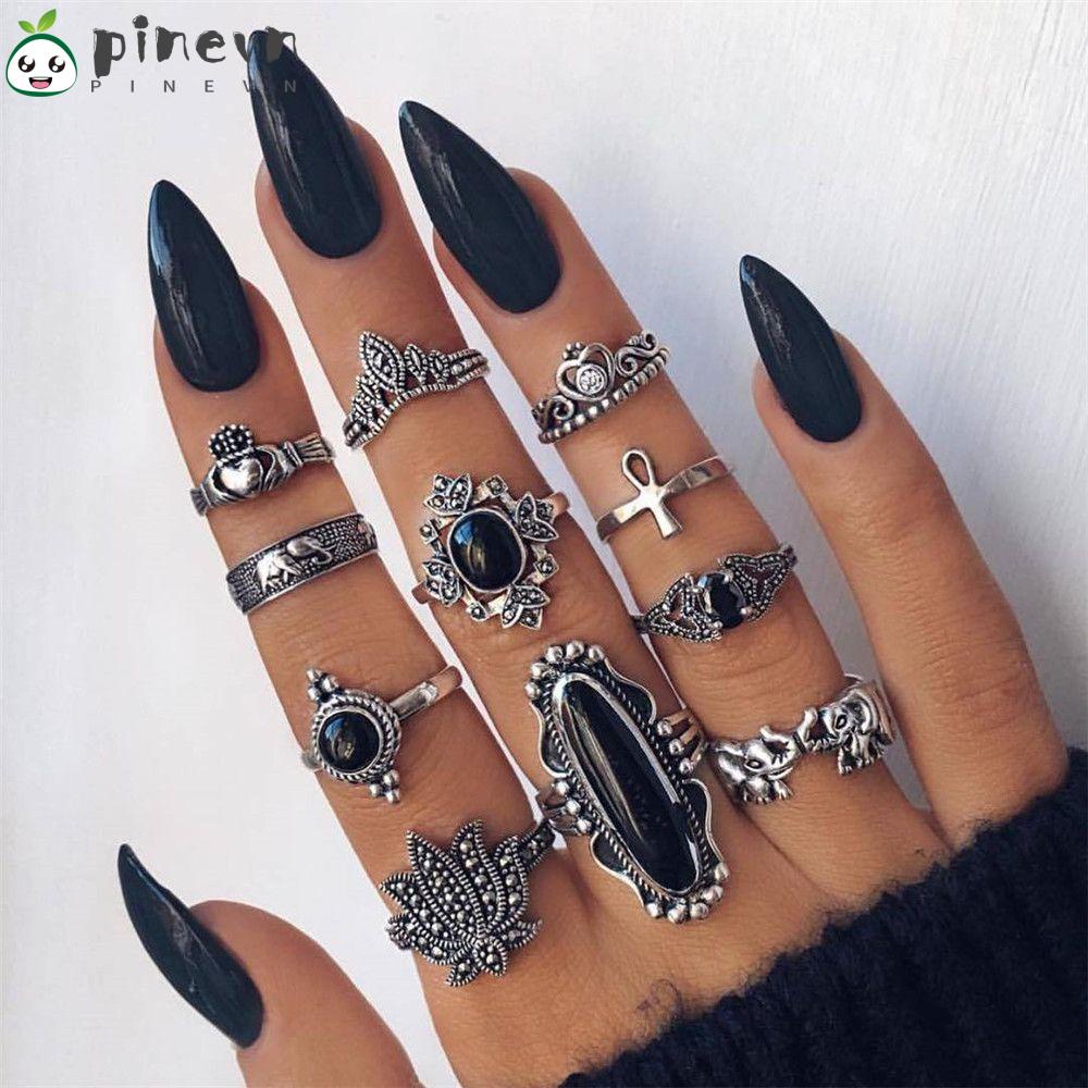 PINEVN Set 11 Nhẫn Đeo Tay Màu Đen Phong Cách Gothic Cho Nữ