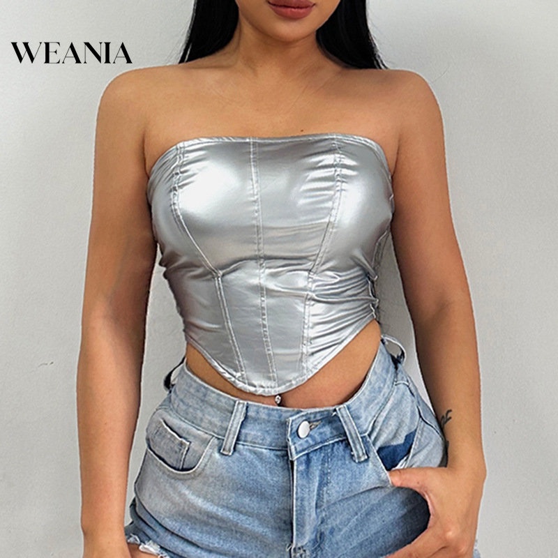 Weania Áo Ống Không Đều Họa Tiết Lưới Kim Tuyến Gợi Cảm Mù