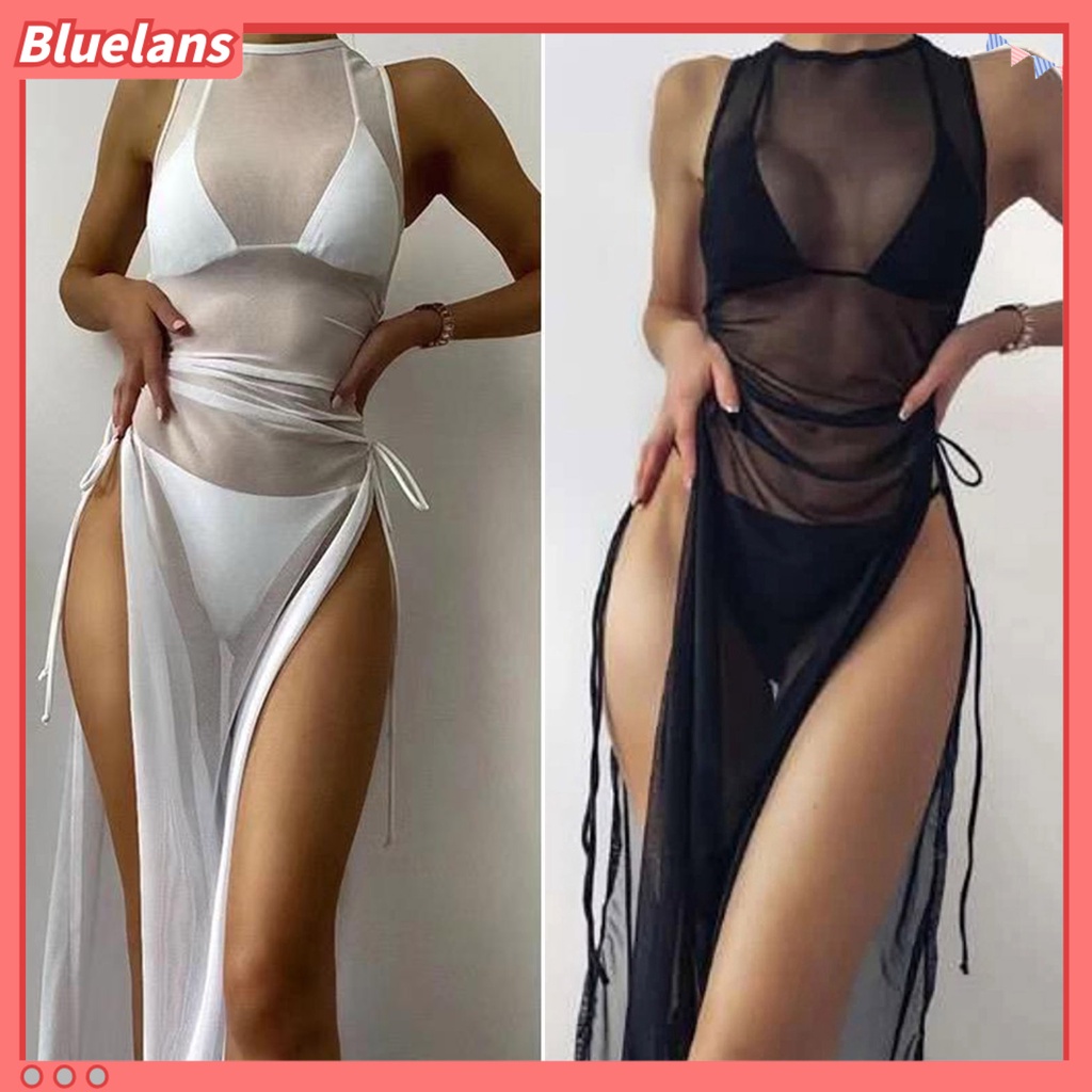 [BLS] Đầm Lưới Chống Nắng Không Tay Cổ Tròn Xẻ Tà Cao Bên Hông Dành Cho Nữ Đi Nghỉ Mát