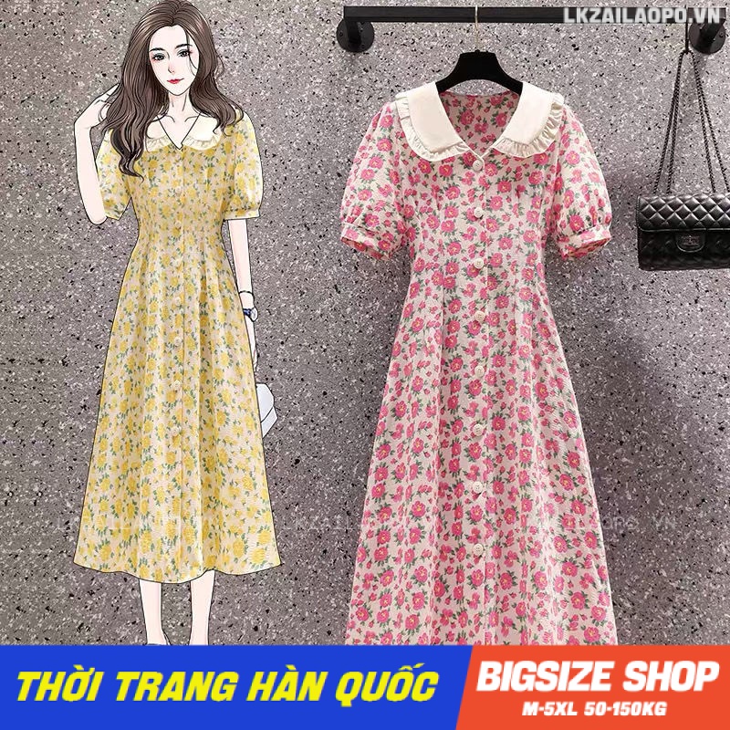 Váy đầm nữ Bigsize Đầm hoa nhí dáng dài tay ngắn có cổ mùa hè Phong cách Hàn Quốc Thời Trang đẹp