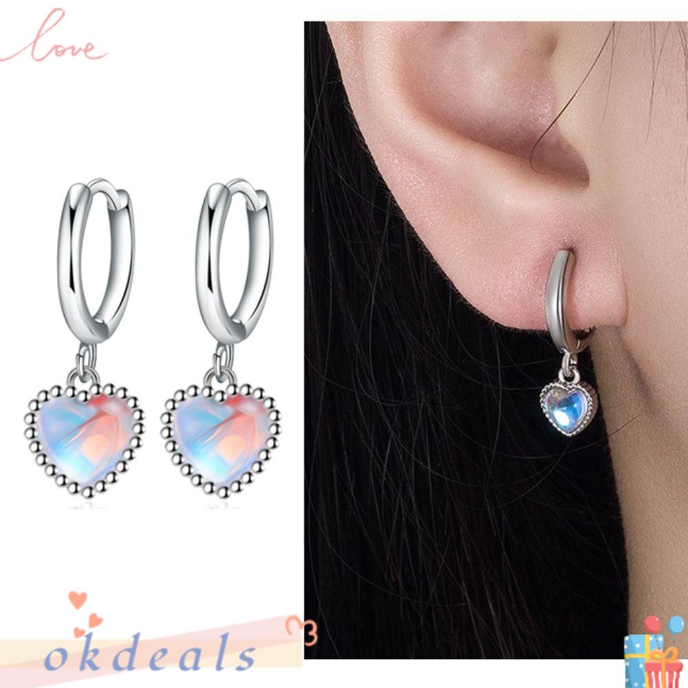 Bộ 2 Bông Tai Mạ Bạc 925 Hình Trái Tim Đính Đá Mặt Trăng Thời Trang Cho Nữ