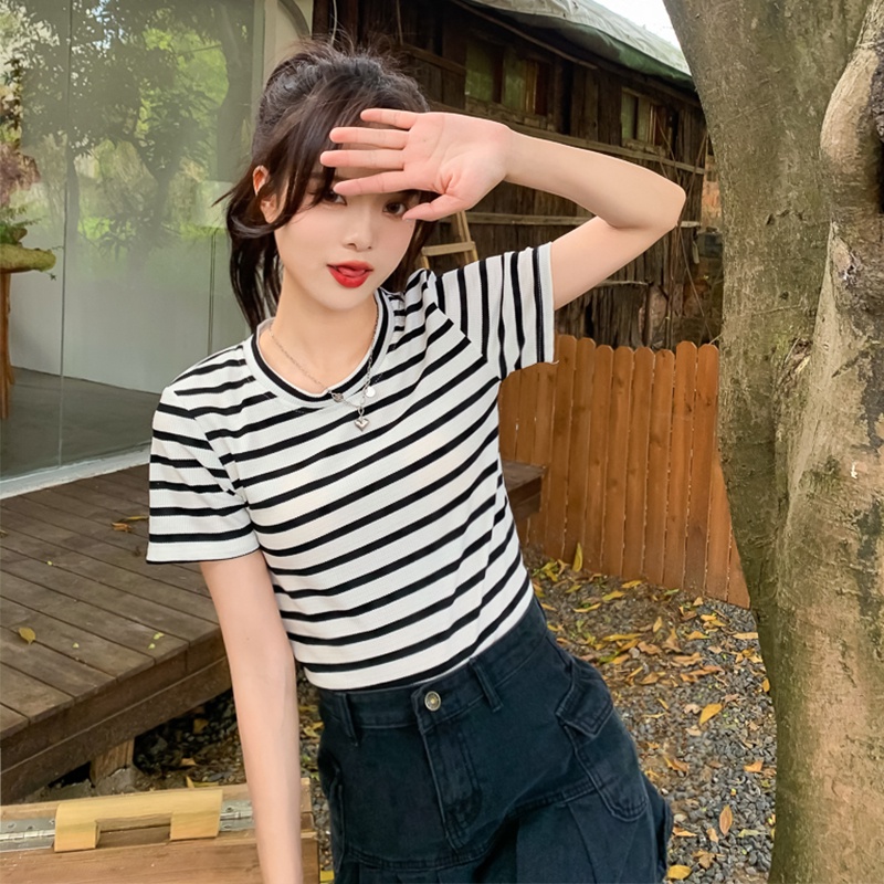Nzn Áo Thun Tay Ngắn Cổ Tròn Dáng Ôm Họa Tiết Kẻ Sọc Màu Hồng Phong Cách Hàn Quốc Dành Cho Bạn Nữ