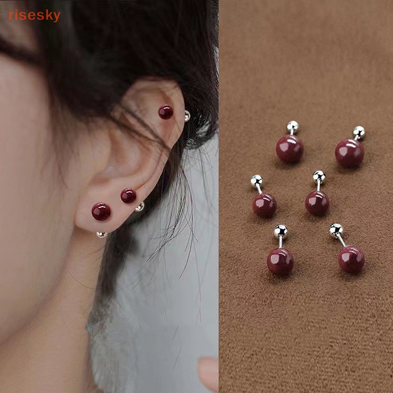 1 Đôi Bông Tai Xỏ Hạt Tròn Đỏ Đậm Thời Trang Dành Cho Nữ