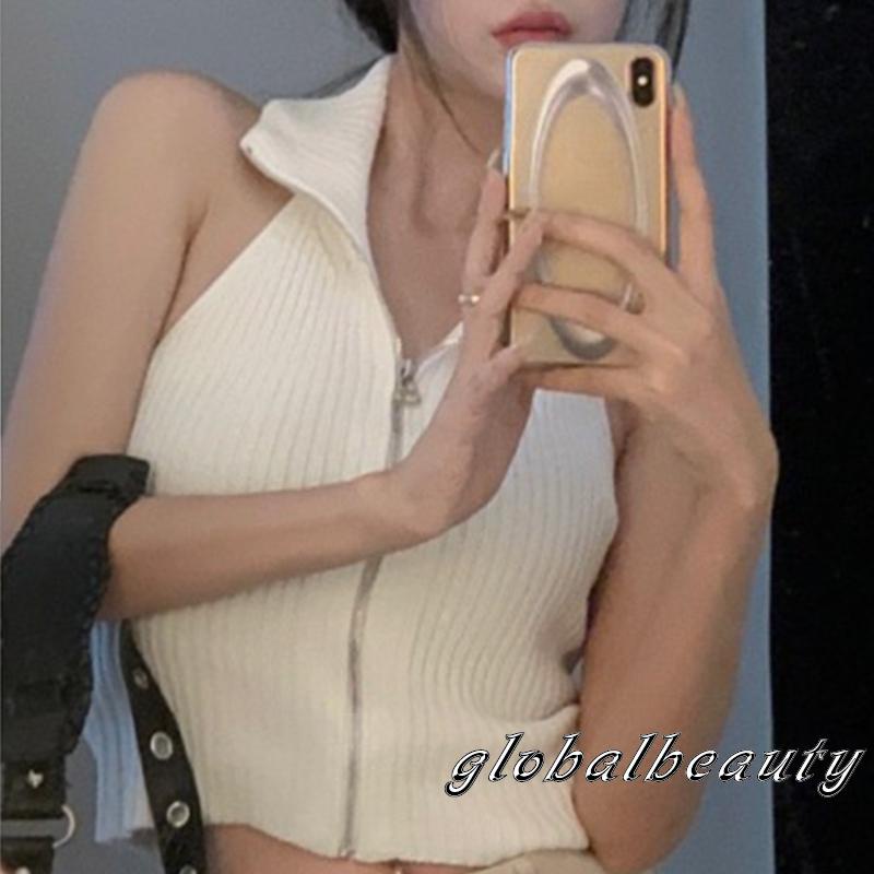 Áo Croptop Dệt Kim Sát Nách Màu Sắc Đơn Giản Phối Khóa Kéo Thời Trang Mùa Hè Cho Nữ