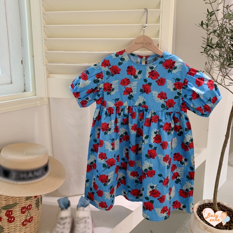 Korean Summer Girls' Round Neck Bubble Sleeves Flower Print Dress Children Baby Girl Fashionable Sweet Princess Dress