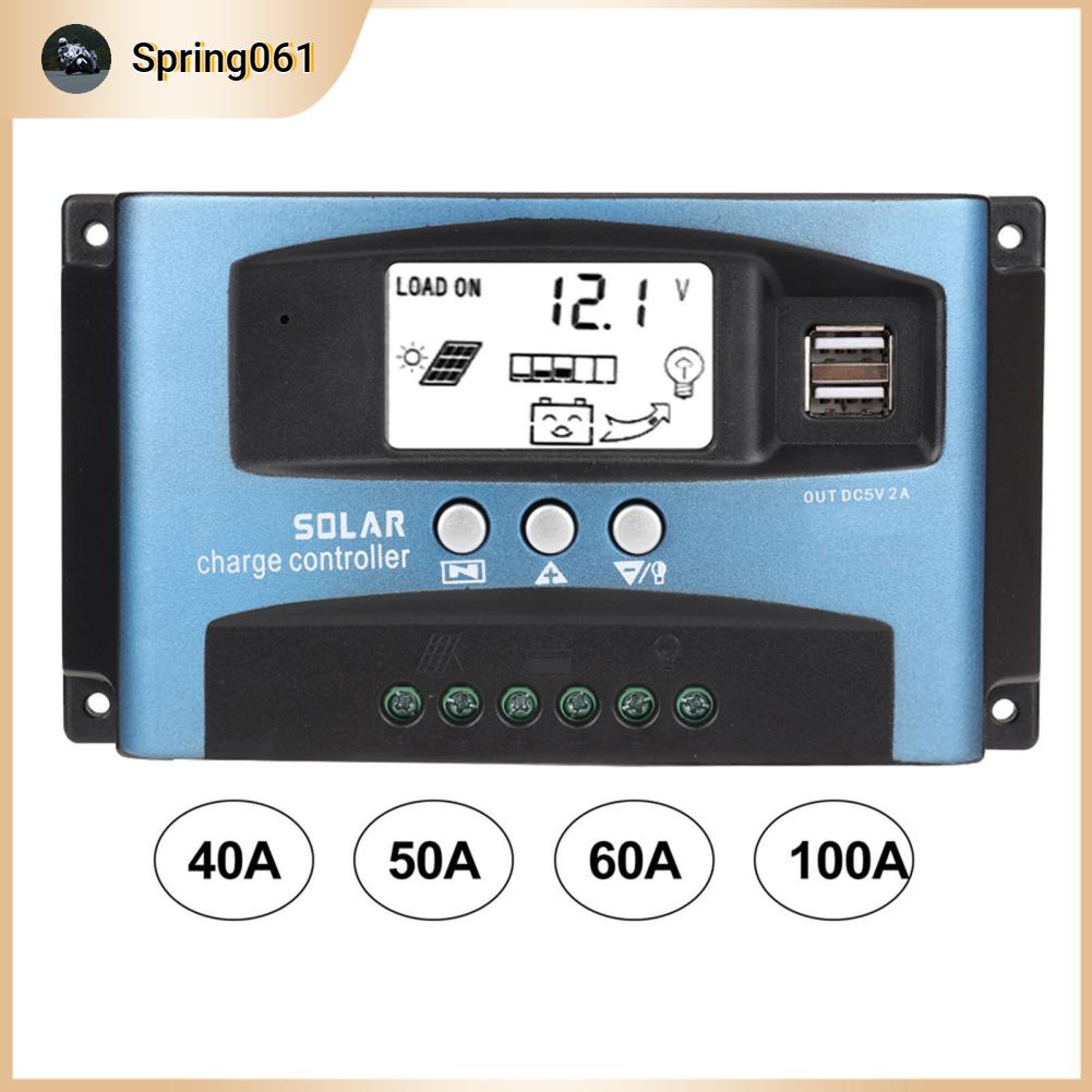 Spring061 Bộ điều khiển sạc năng lượng mặt trời MPPT 40/50/60/100A Màn hình LCD kép USB 12V 24V