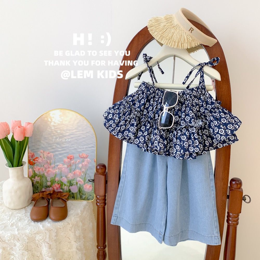 Set Áo Hoa Hai Dây + Quần Jean Ống Rộng Phong Cách Hàn Quốc Thời Trang Mùa Hè Mới 2023 Dành Cho Bé Gái