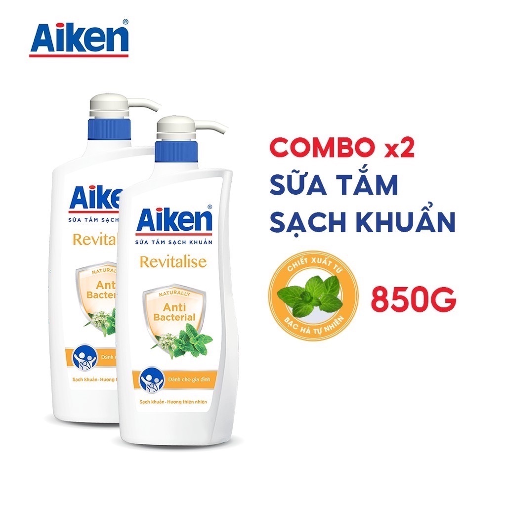 Aiken Combo 2 Sữa tắm Sạch khuẩn Chiết Xuất Bạc Hà 850g/chai