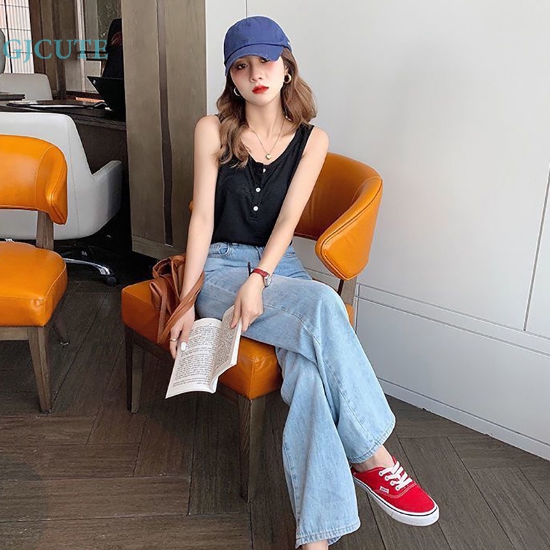 Áo Hai Dây Mùa Hè Dáng Suông Cài Nút Màu Trơn Cho Nữ