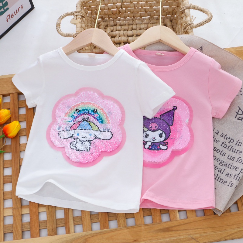 Áo Thun Cotton Tay Ngắn Màu Trơn Đính Kim Sa Dễ Thương Thời Trang Mùa Hè Cho Bé Gái