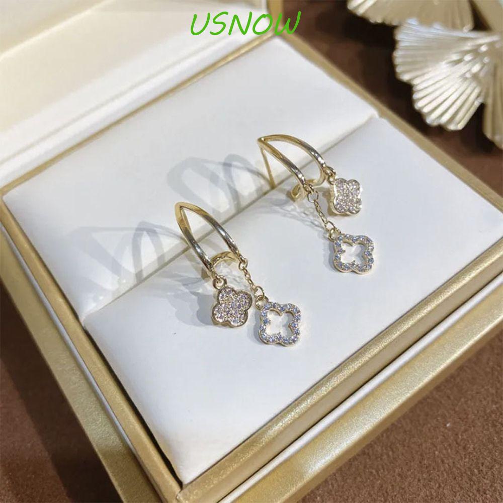 USNOW Bông Tai Hình Cỏ Ba Lá Đính Đá Sang Trọng