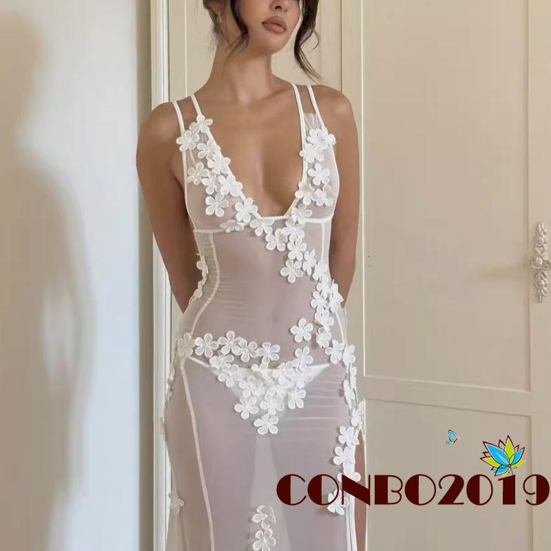 Đầm không tay Cổ Chữ V Phối Lưới Họa Tiết Hoa Thời Trang Đường Phố