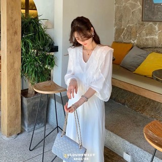 2023 hàn quốc tính khí V cổ áo bong bóng tay áo mùa hè dài tay áo váy