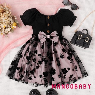Đầm chữ a tay ngắn cổ tròn phối voan hoa thời trang mùa hè cho bé gái