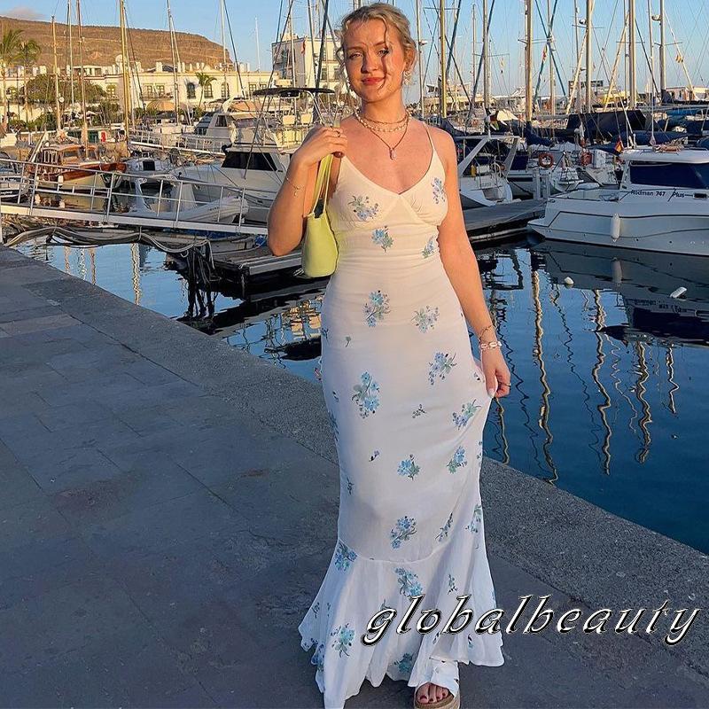 Đầm Dài Không Tay Cổ Chữ V Hở Lưng Họa Tiết Hoa Thời Trang Mùa Hè Cho Nữ