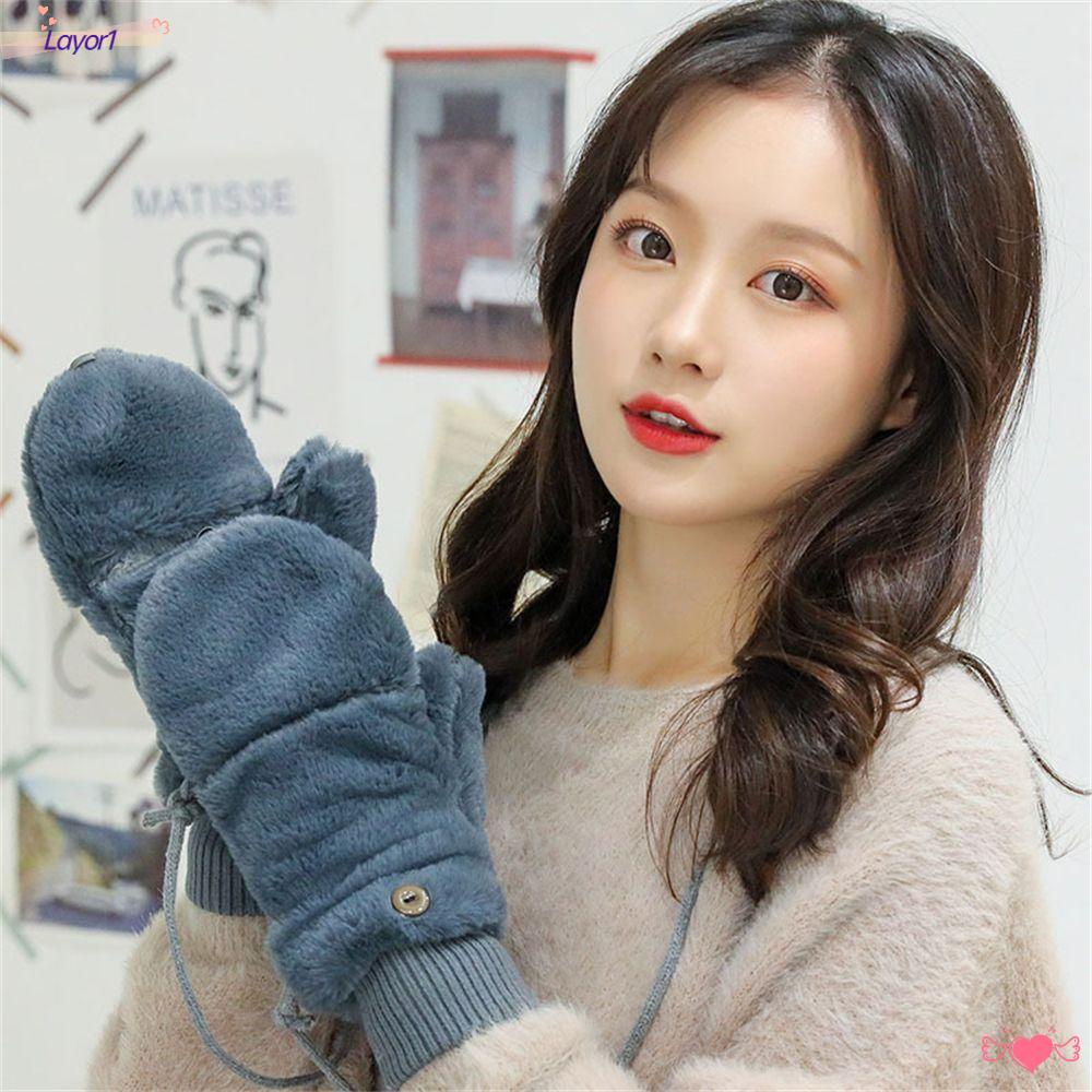 LAYOR1 Găng Tay Lông Giả Nửa Ngón Thời Trang Mùa Đông Cho Nữ