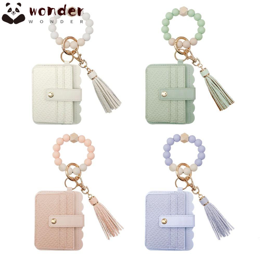 WONDER Vòng Tay Da PU Phối Hạt Silicon Có Ngăn Đựng Thẻ Và Móc Khóa Thời Trang Cho Nữ