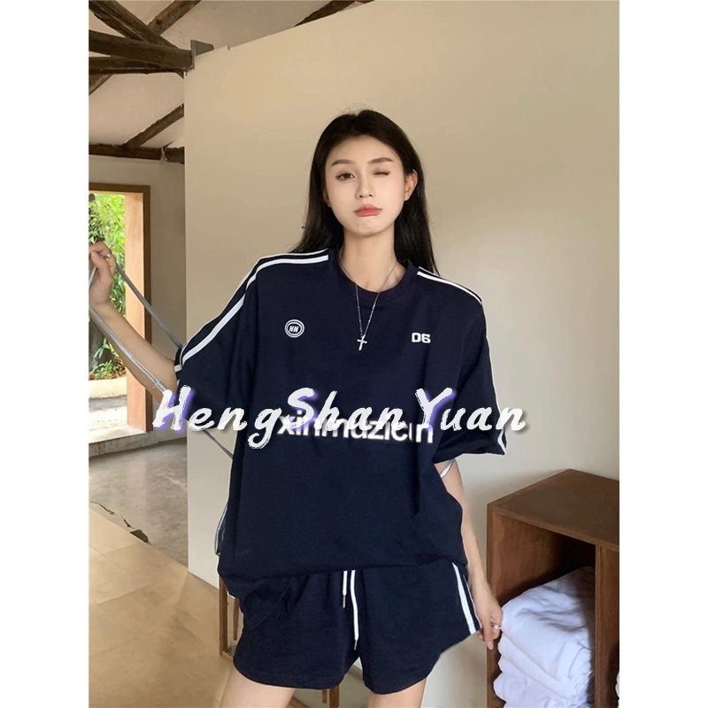 Bộ Đồ Thể Thao Áo Thun Tay Ngắn Phối Quần short Vải Cotton In Họa Tiết Thời Trang Mùa Hè Năng Động