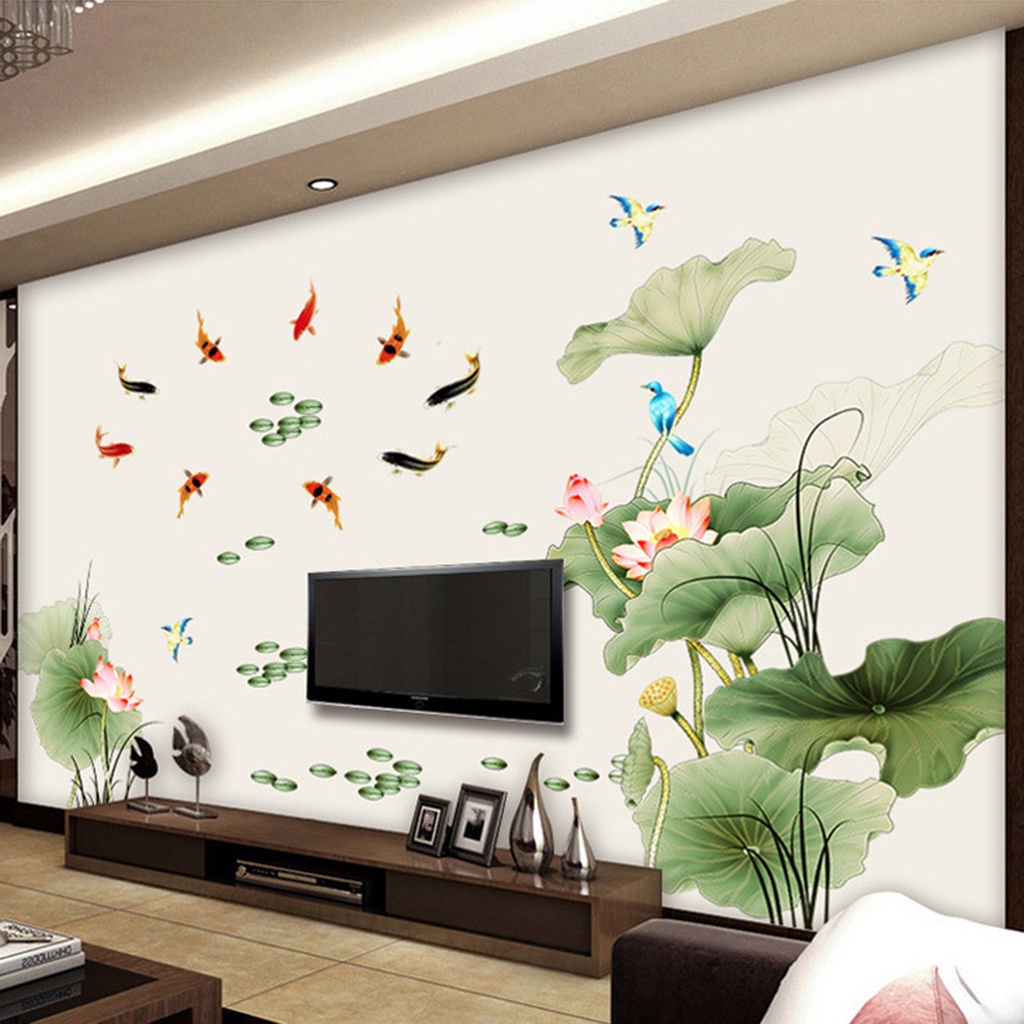 Set 2 Miếng Dán Tường Chống Nước Tự Dính Họa Tiết Hoa Sen / Chim Bay Phong Cách Trung Hoa Trang Trí Phòng Ngủ