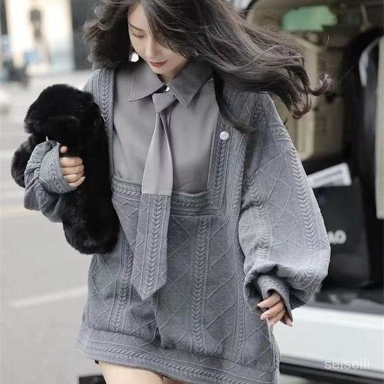 Áo sweater giả hai lớp tay phồng thời trang nữ mùa xuân