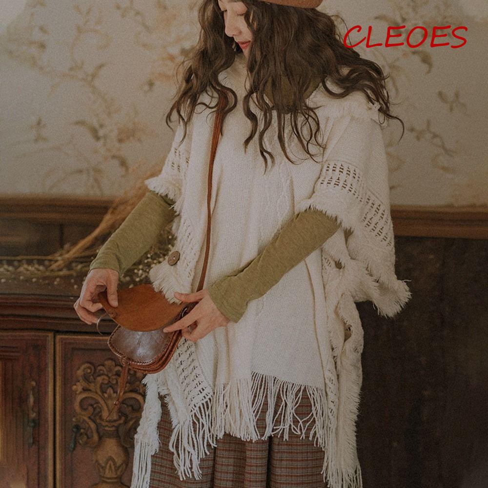 CLEOES Khăn Choàng Cổ Dệt Kim Phối Tua Rua Hình Tam Giác Thời Trang Cho Nữ