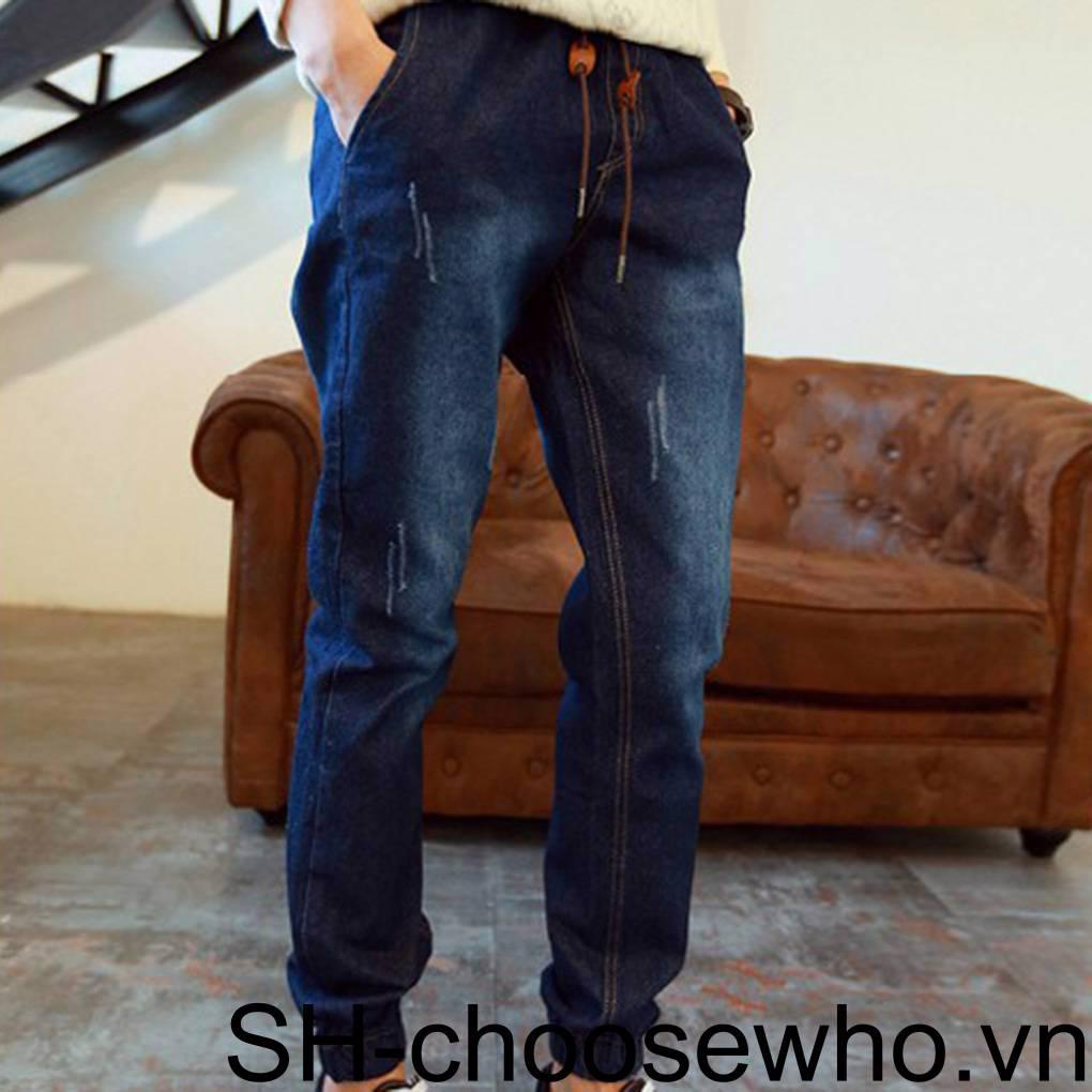 Quần Jean Dài Lưng Thun Phối Dây Rút Thời Trang Xuân Thu Cá Tính Cho Nam