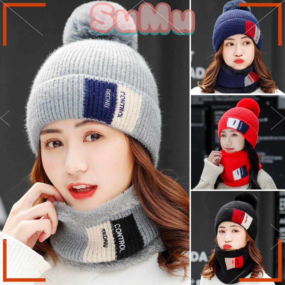 SUMU Mũ Len Phối Nhung Dày Dặn Giữ Ấm Thời Trang Cho Nữ