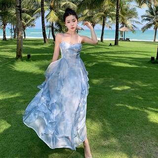 Hàng Mới Về Đầm Hai Dây Mùa Hè Dáng Dài Phong Cách Công Chúa Thần Tiên Màu Xanh Dương 2023 Hàng Mới
