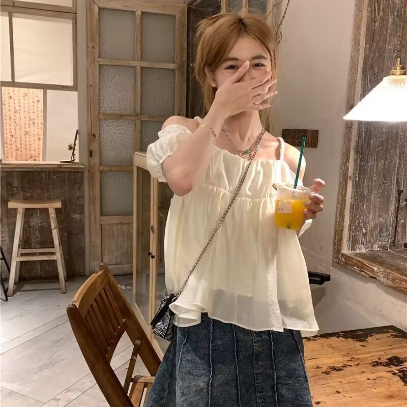 Áo Sơ Mi chiffon Tay Ngắn Hở Vai Dáng Rộng Phong Cách Nhật Bản Dành Cho Nữ
