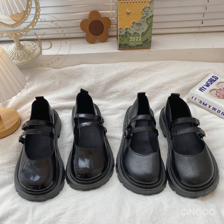 Giày Búp Bê Mũi Tròn Đế Thấp Bằng Sợi Polyester Màu Trơn Phối Khóa Cài