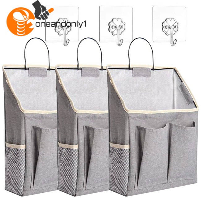 Set 3 Túi Vải Lanh Cotton Đựng Đồ Treo Tường Kèm Móc Dính Tiện Lợi