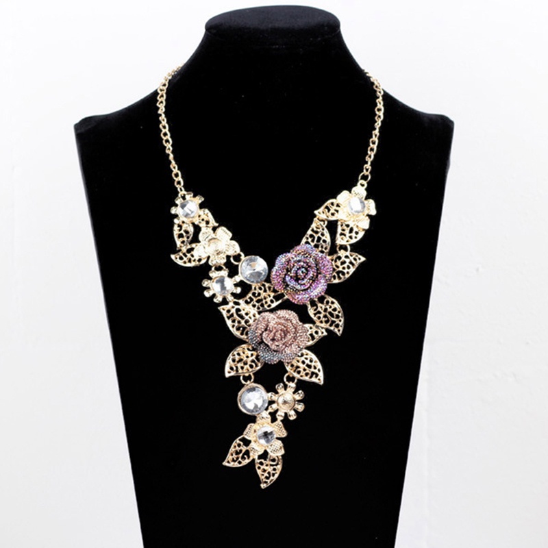 Bộ Vòng cổ + Bông Tai Đính Đá Hình Hoa Lá Khoét Rỗng Cho Nữ