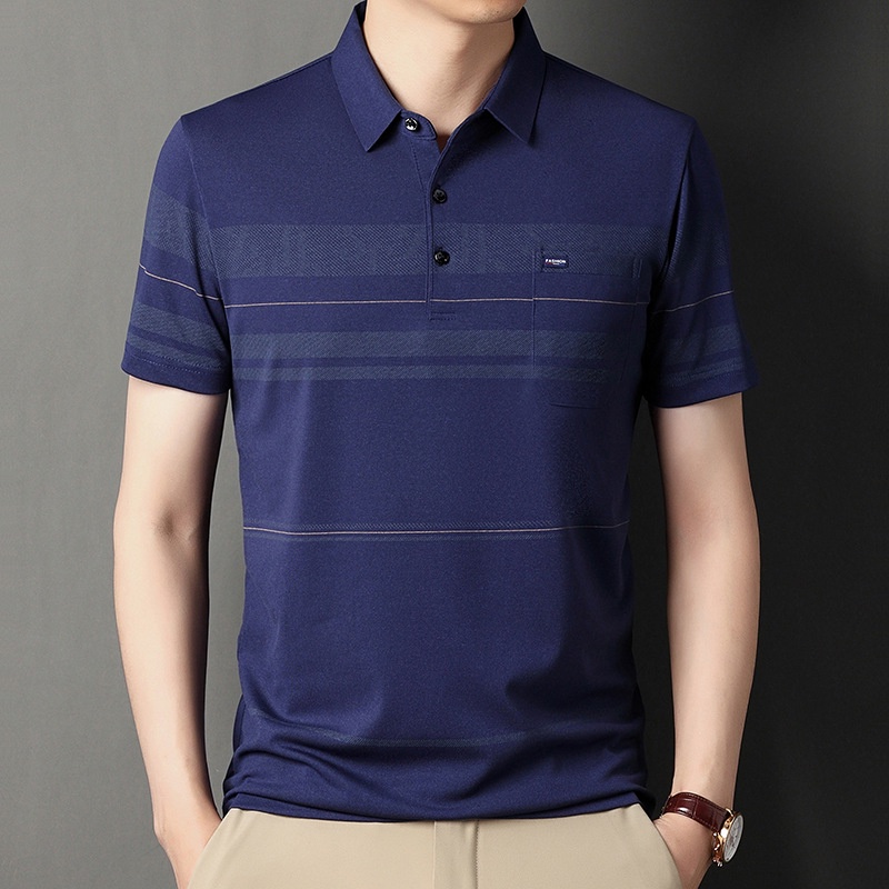 Áo Thun POLO Mỏng Tay Lửng Có Túi In Họa Tiết Sọc Ngang Thời Trang Dành Cho Nam Trung Niên