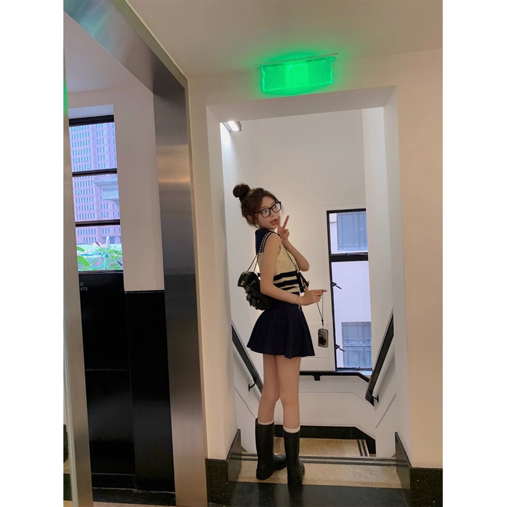 Balamy Áo Dệt Kim Cột Dây Màu Xanh Navy Phong Cách Preppy Thời Trang Mùa Hè Kiểu Mới Cho Nữ