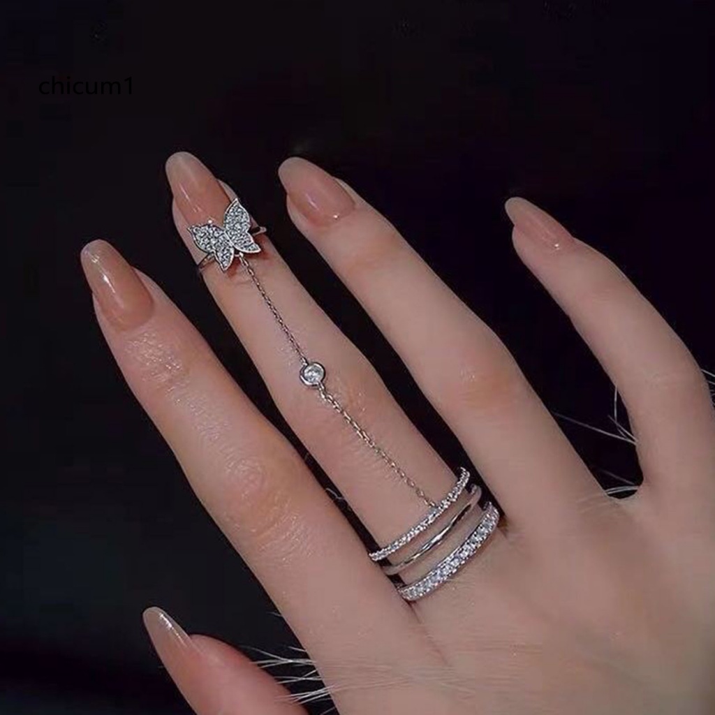Bộ Nhẫn CC Dạng Mở Ba Lớp Đính Đá Hình Bướm Có Tua Rua Làm Quà Sinh Nhật Cho Bạn Gái