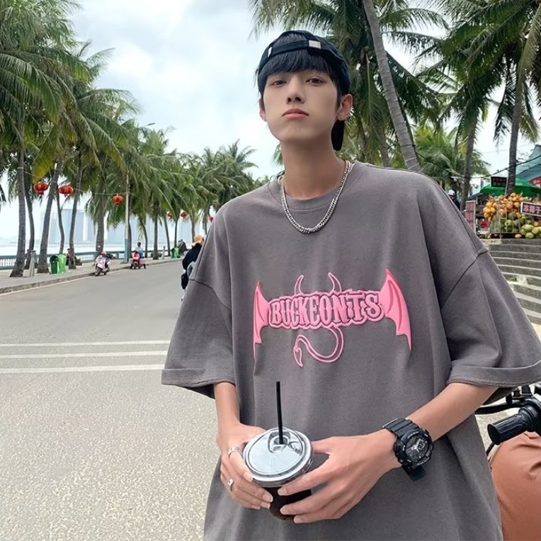 Áo Thun Tay Ngắn Dáng Rộng In Hình Cánh Quỷ Thời Trang Mùa Hè Cho Nam