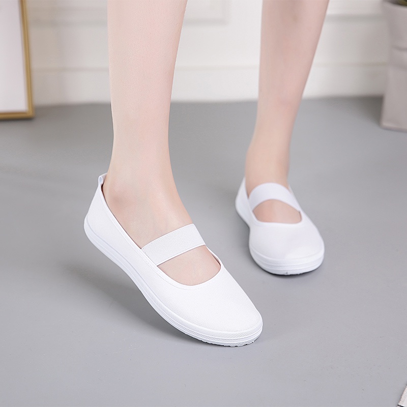 Giày Múa Ba Lê Đế Phẳng Màu Trắng Thiết Kế Dây Thun Chống Trượt Bền Phù Hợp Cho Làm Việc Và Hàng Ngày Dành Cho Bạn Nữ