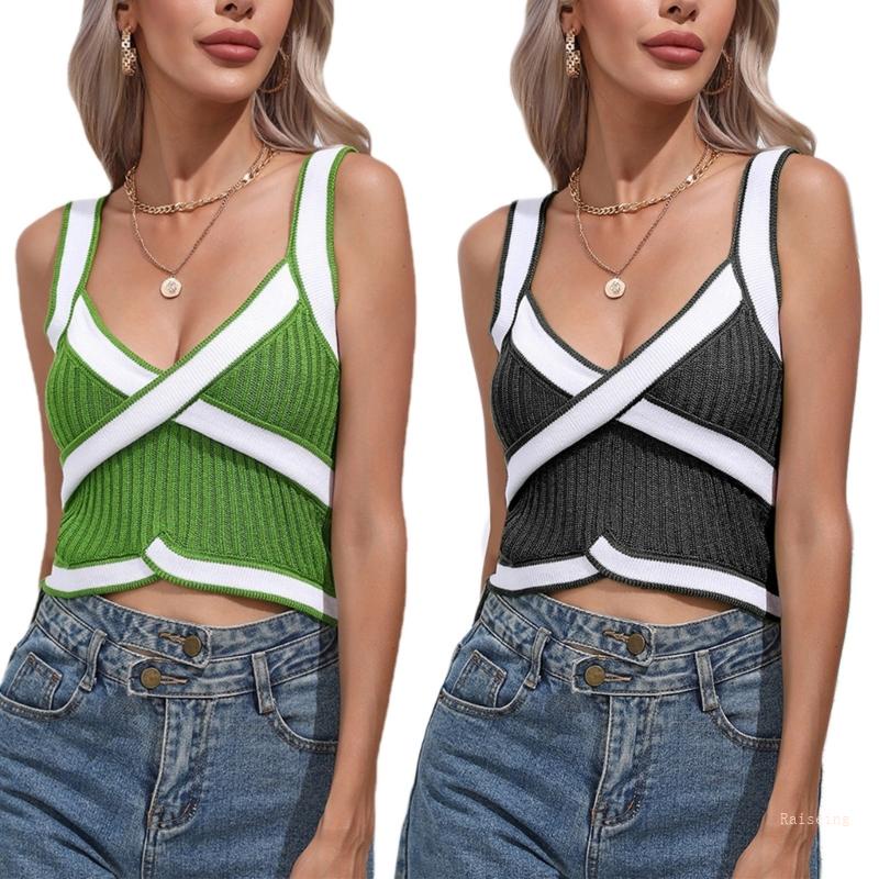 Áo Croptop Dệt Kim Hai Dây Cổ Chữ V Thời Trang Đường Phố Cho Nữ