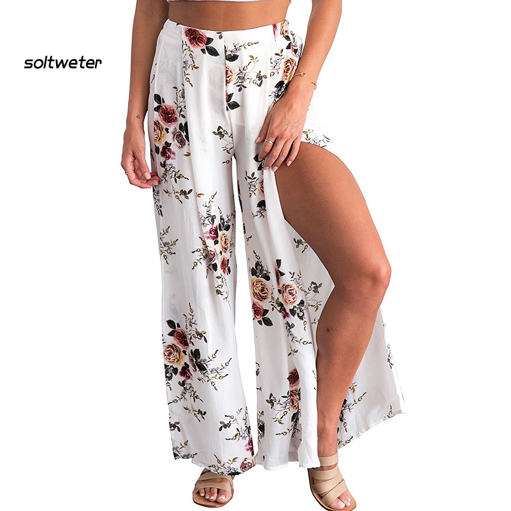 Quần Culottes Lưng Cao Ống Rộng Xẻ Tà In Họa Tiết Hoa Phong Cách Boho Thời Trang Đi Biển