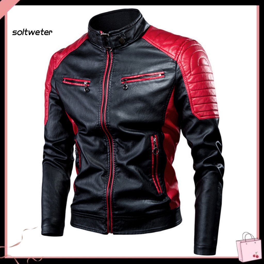 Áo Khoác Giả Da Cổ Đứng Dáng Ôm Màu Tương Phản Kiểu Vintage Cá Tính Cho Nam