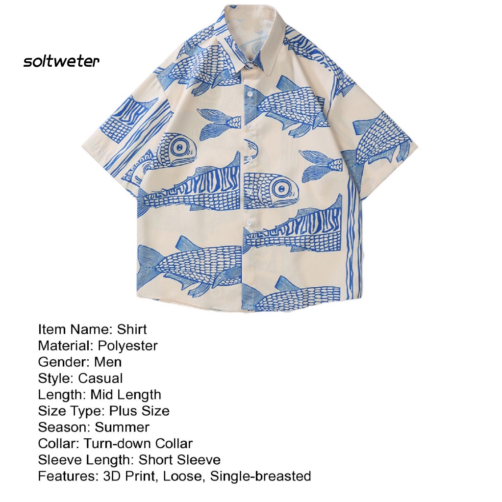 Áo Sơ Mi Tay Ngắn Cổ Bẻ In Họa Tiết Cá 3D Plus Size Thời Trang Đường Phố Mùa Hè Cho Nam