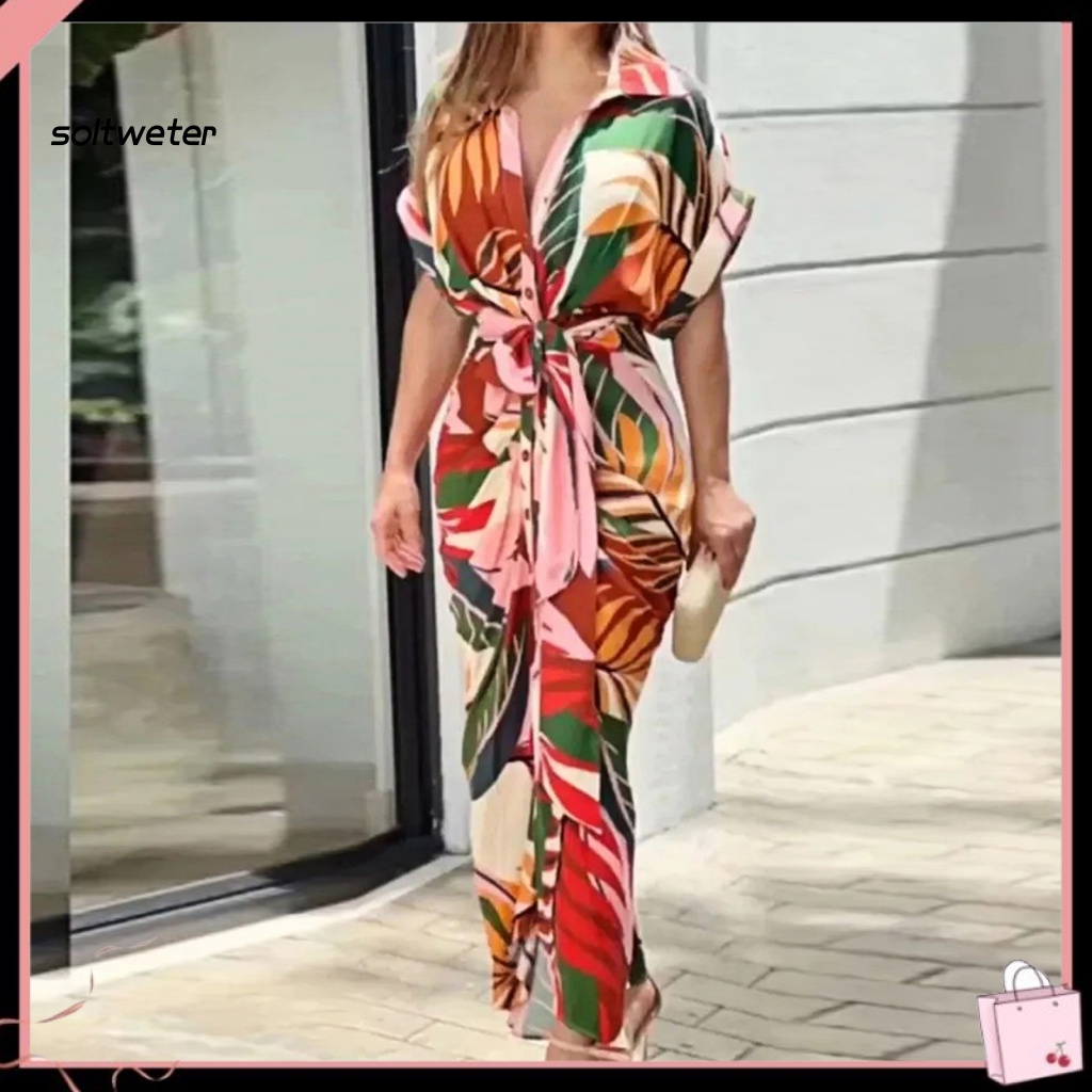 Đầm Sơ Mi Tay Ngắn Cổ Chữ V Eo Cao In Họa Tiết Lá Cây Nhiều Màu Sắc