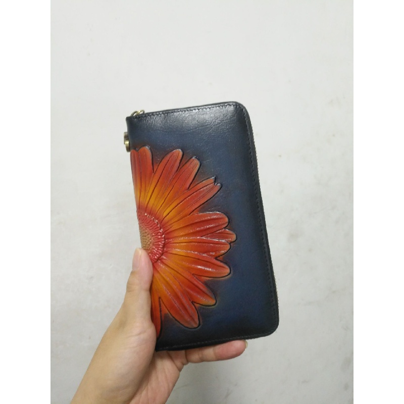 Ví Da Bò Thật Dáng Dài Có Khóa Kéo Phong Cách Retro Cho Nữ