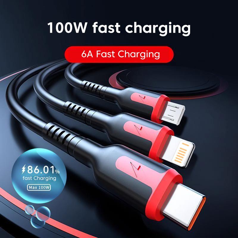 Dây Cáp Sạc Nhanh 6A 100W 3 Trong 1 Chuyên Dụng Cho Xe Hơi