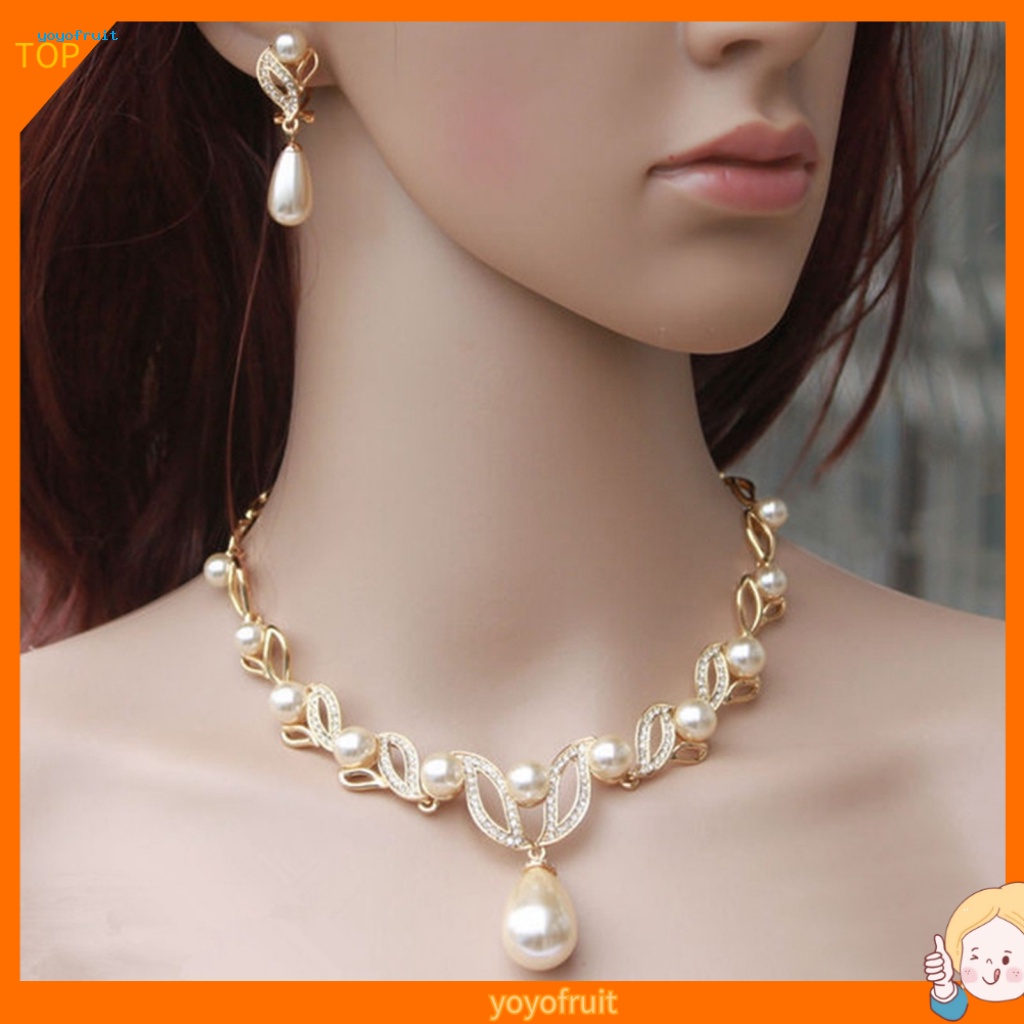 1 Set Dây Chuyền Và Bông Tai Hình Giọt Nước Đính Ngọc Trai Nhân Tạo Thời Trang