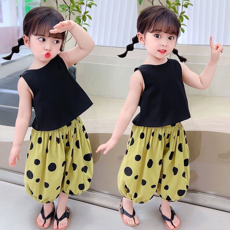 Hàng Mới Về Mới Set Áo Dây Chấm Bi + Áo Khoác Không Tay + Quần Short Thời Trang Mùa Hè Cho Bé Gái
