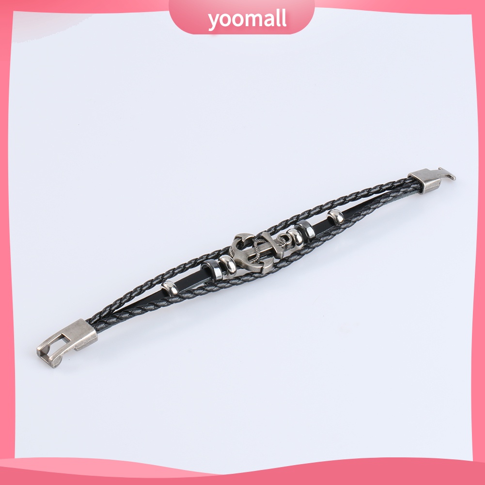 Vòng Tay Da Mặt Mỏ Neo Kim Loại Phong Cách Vintage Cho Nam