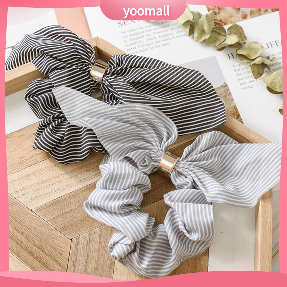 Dây Cột Tóc Đuôi Ngựa Co Giãn Hình Tai Thỏ Họa Tiết Kẻ Sọc Cho Nữ