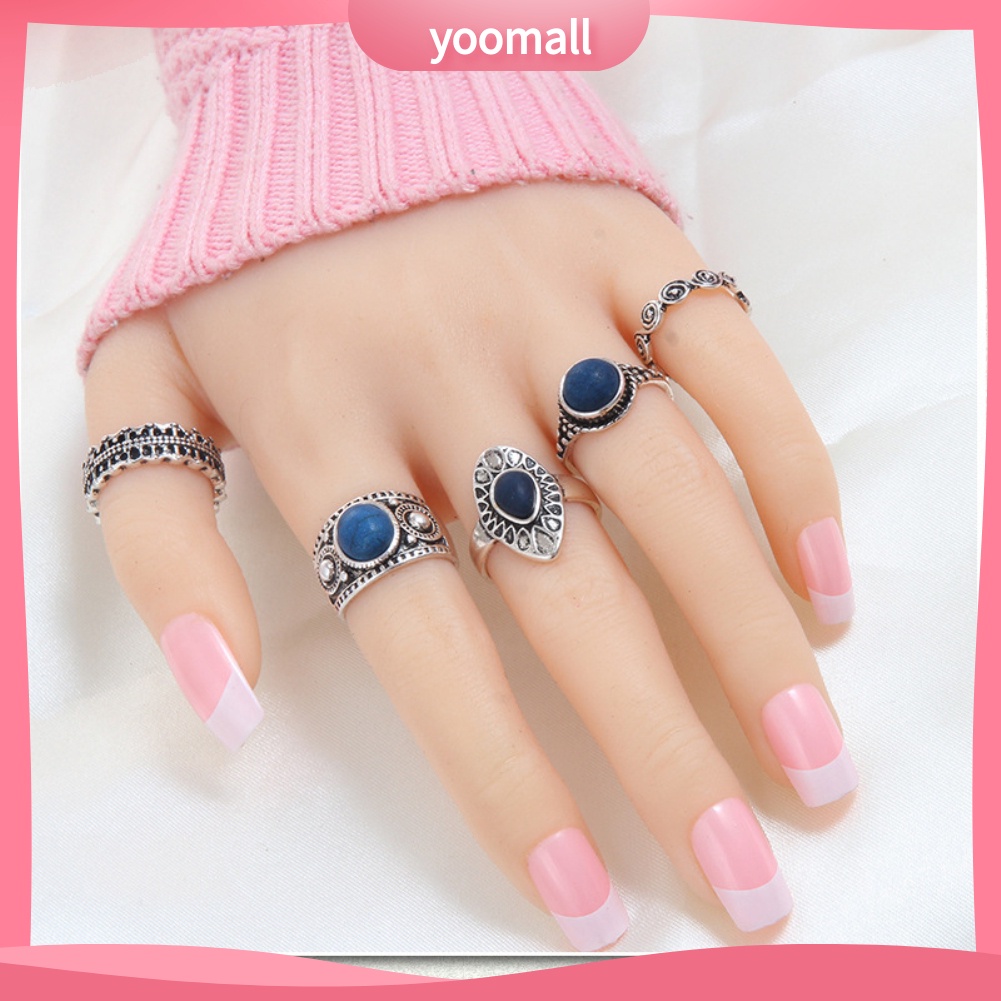 Bộ 5 Nhẫn Hợp Kim Đính Đá Xanh Phong Cách Bohemian Cổ Điển